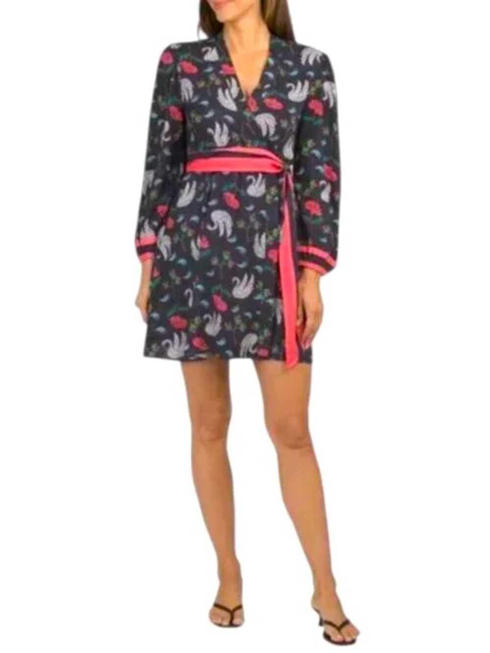 CELINA MOON Swan Print Wrap Dress Color: Navy Size: XS  NWT